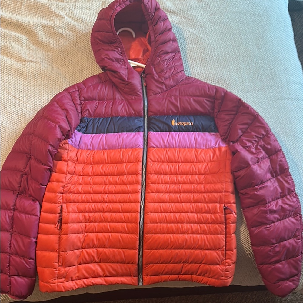 Cotopaxi Red and Purple Puffer Jacket with Hood